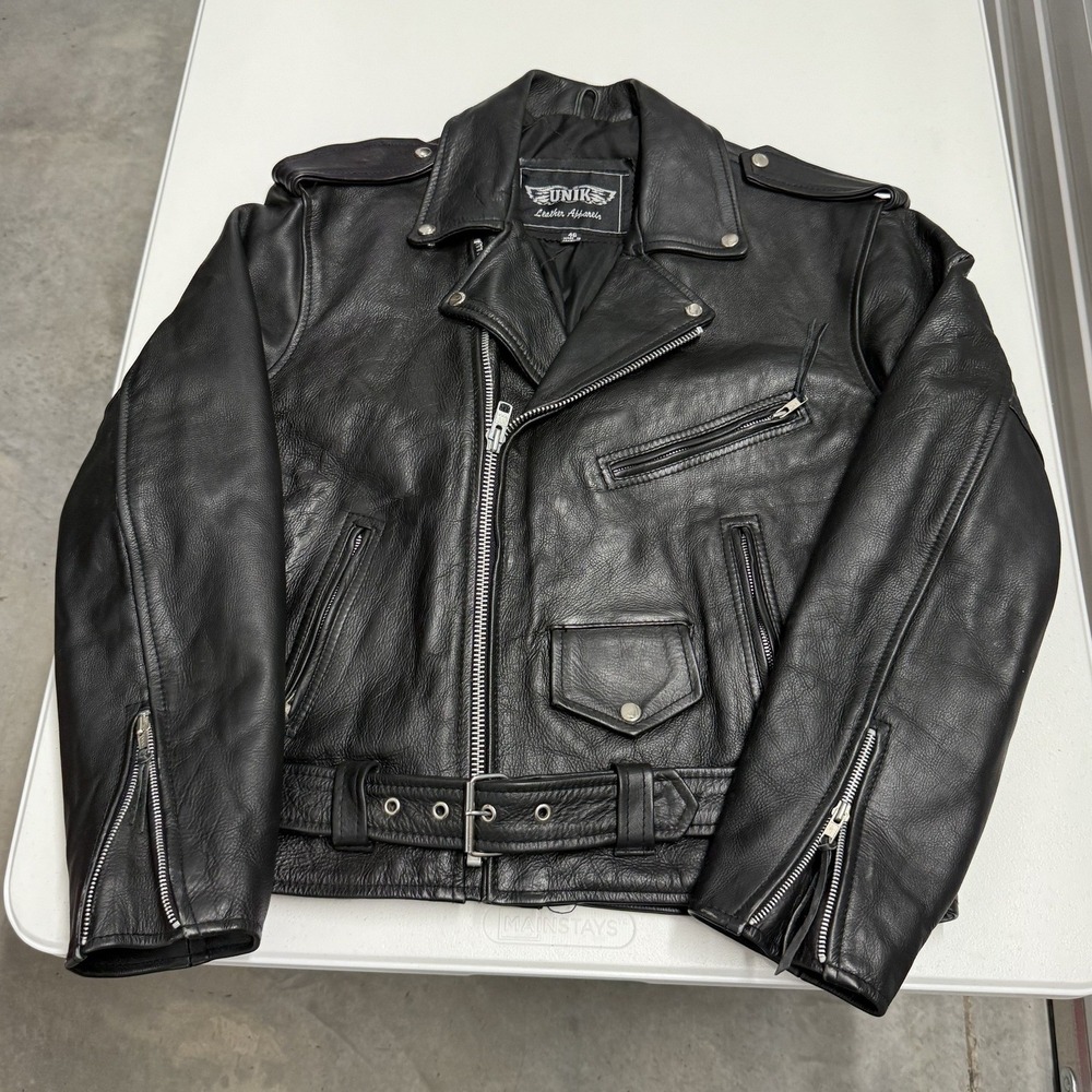 UNIK Leather Apparel Motorcycle Jacket Mens Size 46 Black Excellent Biker Moto
